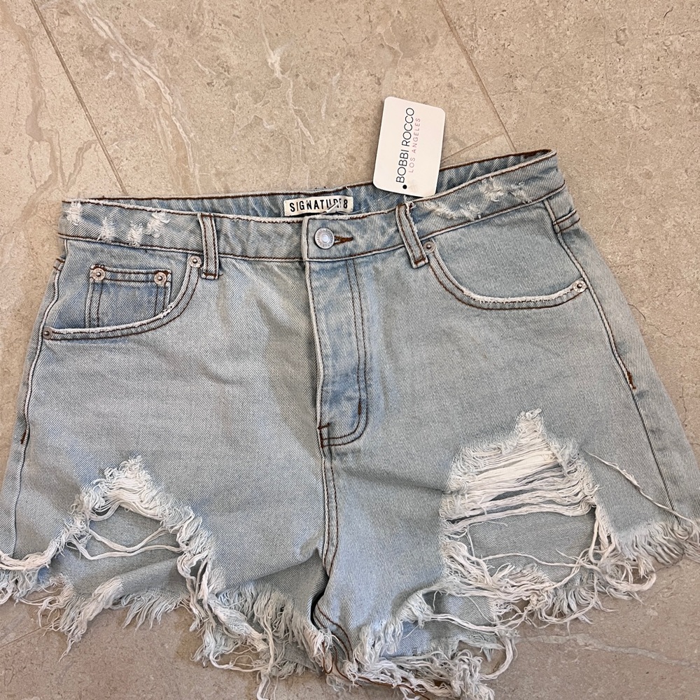 High waisted jean shorts size L distressed